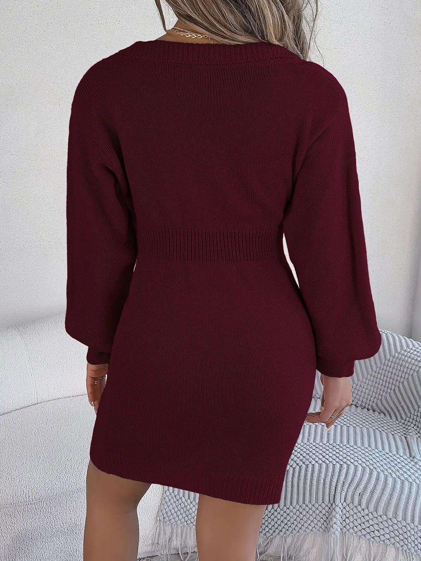 Fall Winter Twist Lantern Sleeve Package Hip Sweater Dress Women Clothing - Venus Trendy Fashion Online