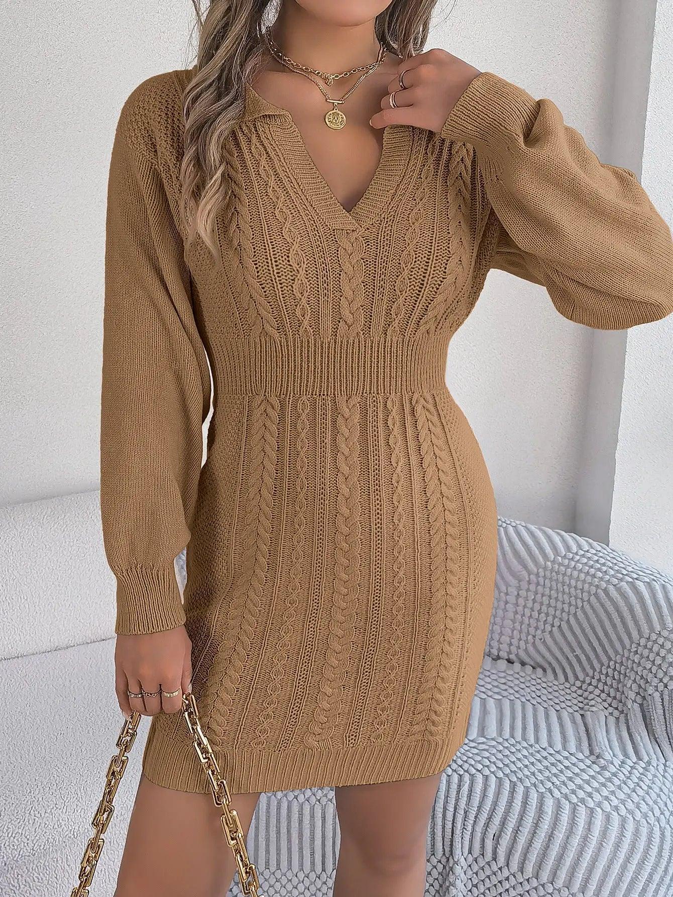 Fall Winter Twist Lantern Sleeve Package Hip Sweater Dress Women Clothing - Venus Trendy Fashion Online