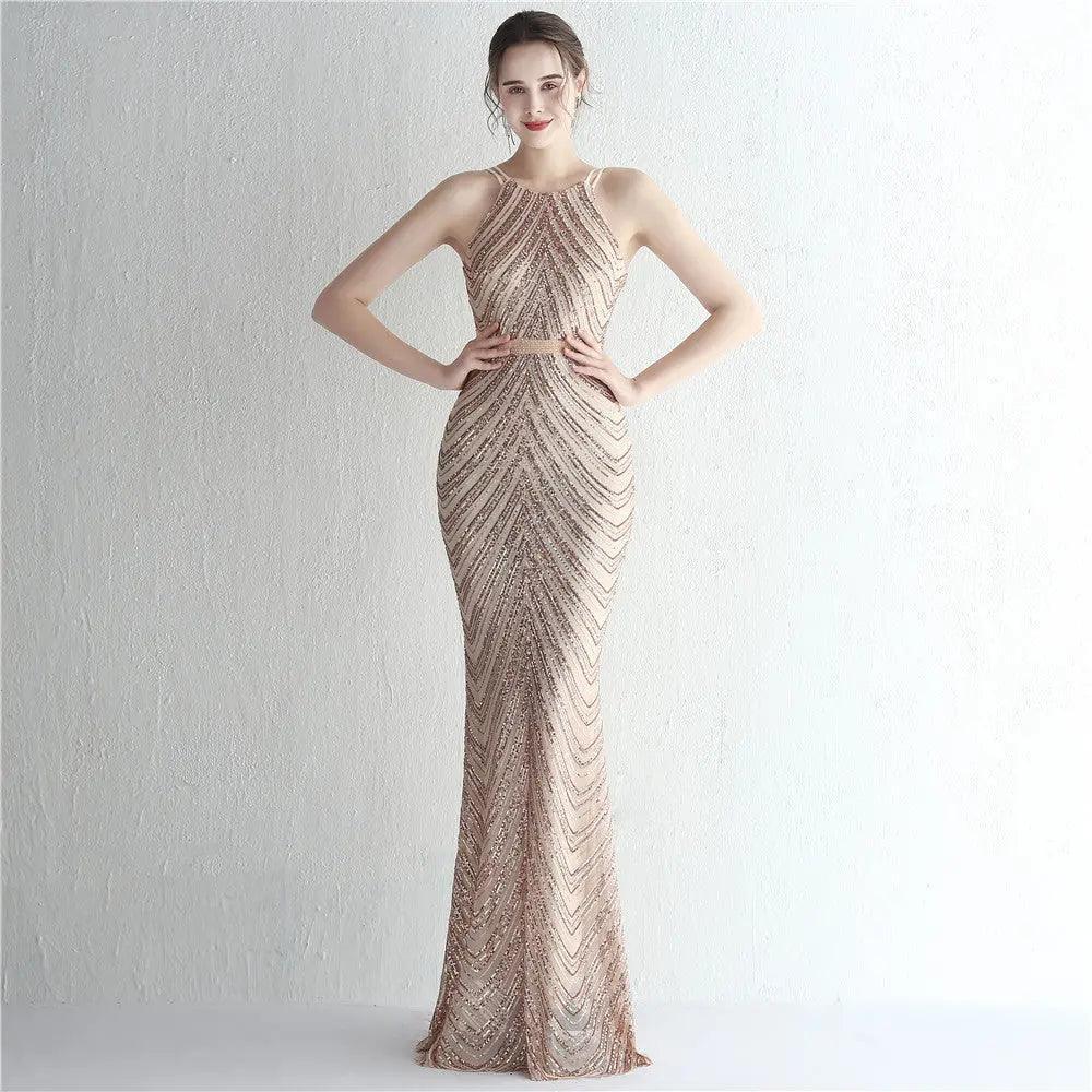 Floral Sequin Chiffon Dress Craft Beaded Halter Elegant Cool Ladies Cocktail Long Sequ - Venus Trendy Fashion Online