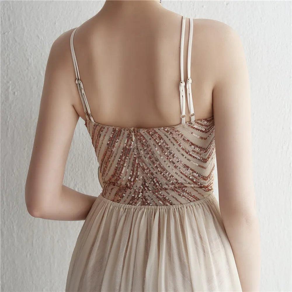 Floral Sequin Chiffon Dress Craft Beaded Halter Elegant Cool Ladies Cocktail Long Sequ - Venus Trendy Fashion Online