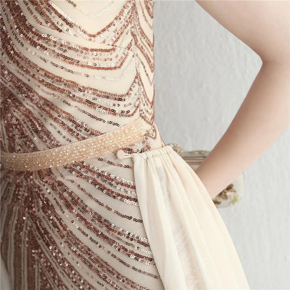 Floral Sequin Chiffon Dress Craft Beaded Halter Elegant Cool Ladies Cocktail Long Sequ - Venus Trendy Fashion Online