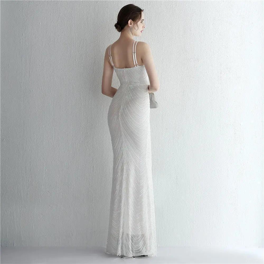 Floral Sequin Chiffon Dress Craft Beaded Halter Elegant Cool Ladies Cocktail Long Sequ - Venus Trendy Fashion Online