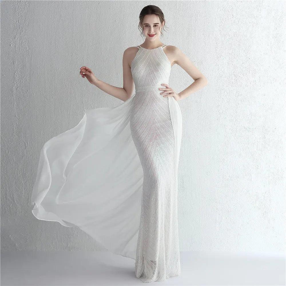 Floral Sequin Chiffon Dress Craft Beaded Halter Elegant Cool Ladies Cocktail Long Sequ - Venus Trendy Fashion Online