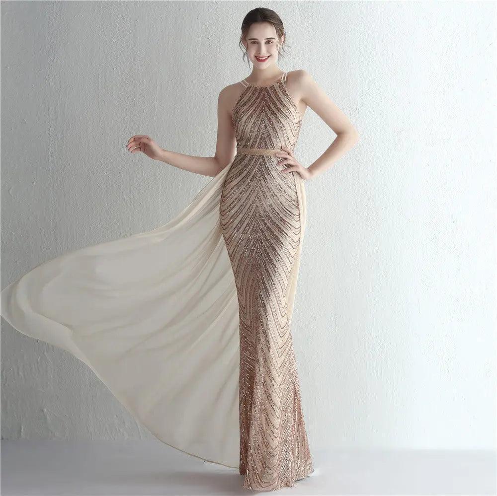 Floral Sequin Chiffon Dress Craft Beaded Halter Elegant Cool Ladies Cocktail Long Sequ - Venus Trendy Fashion Online