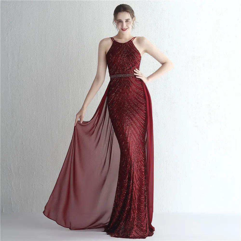 Floral Sequin Chiffon Dress Craft Beaded Halter Elegant Cool Ladies Cocktail Long Sequ - Venus Trendy Fashion Online