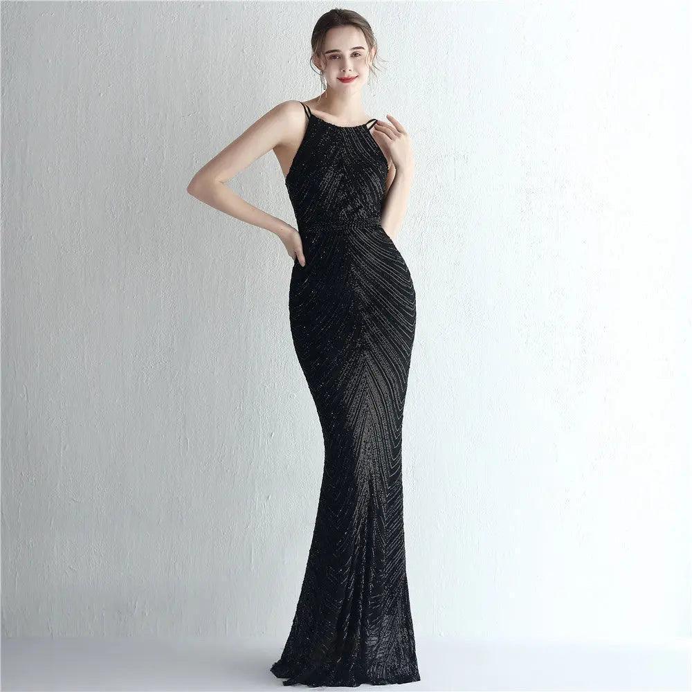 Floral Sequin Chiffon Dress Craft Beaded Halter Elegant Cool Ladies Cocktail Long Sequ - Venus Trendy Fashion Online