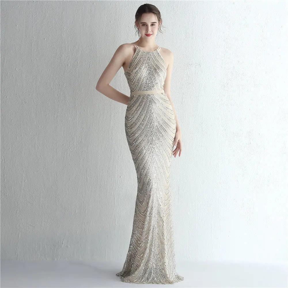 Floral Sequin Chiffon Dress Craft Beaded Halter Elegant Cool Ladies Cocktail Long Sequ - Venus Trendy Fashion Online