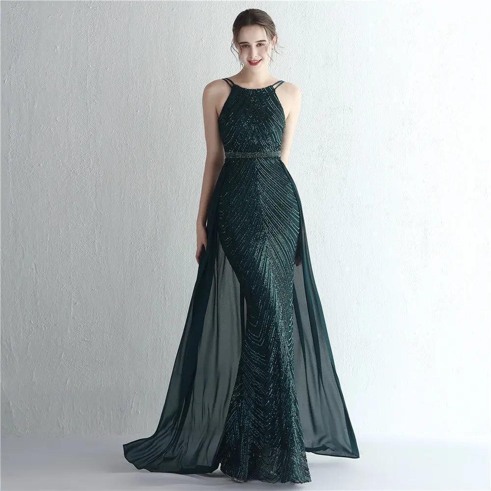 Floral Sequin Chiffon Dress Craft Beaded Halter Elegant Cool Ladies Cocktail Long Sequ - Venus Trendy Fashion Online
