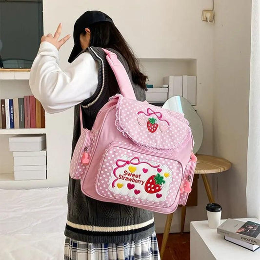 Girl Embroidery Strawberry Backpack - Venus Trendy Fashion Online
