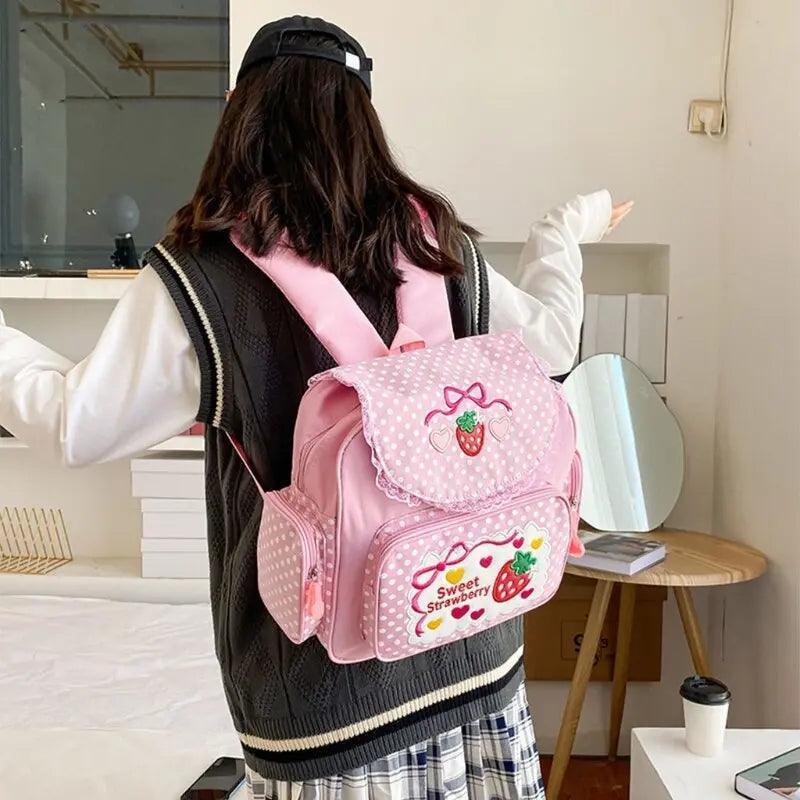 Girl Embroidery Strawberry Backpack - Venus Trendy Fashion Online
