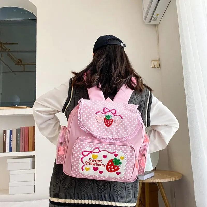 Girl Embroidery Strawberry Backpack - Venus Trendy Fashion Online
