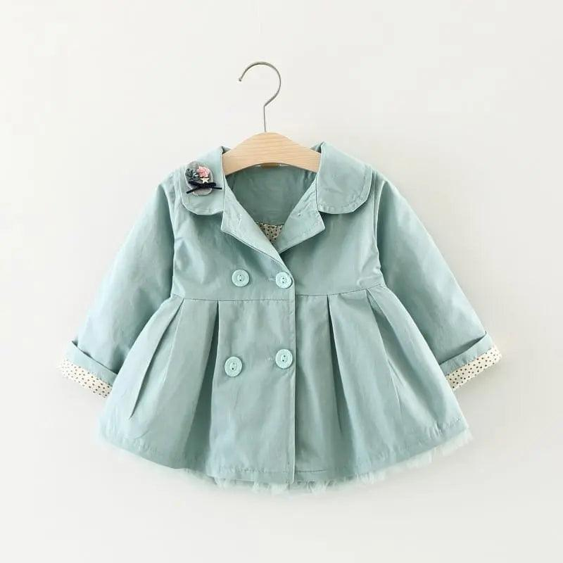 Girls Cute Cat Embroidered Lapel Design Pleated Lower Hem Wind Coat - Venus Trendy Fashion Online