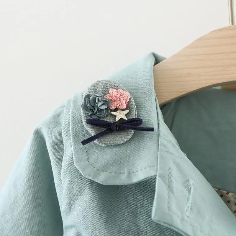 Girls Cute Cat Embroidered Lapel Design Pleated Lower Hem Wind Coat - Venus Trendy Fashion Online