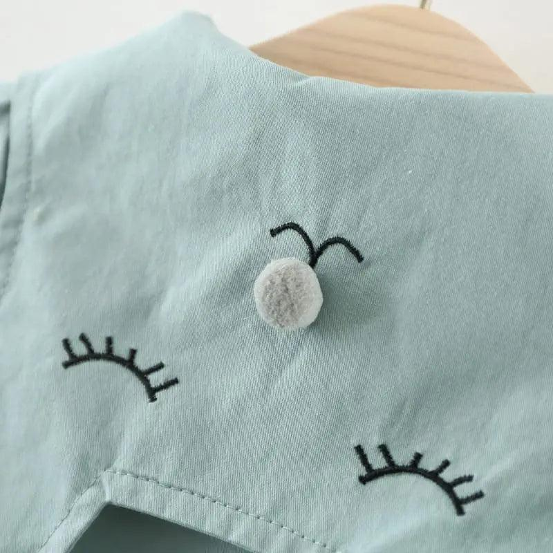 Girls Cute Cat Embroidered Lapel Design Pleated Lower Hem Wind Coat - Venus Trendy Fashion Online