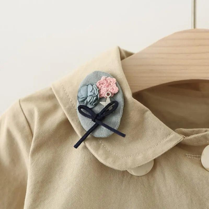 Girls Cute Cat Embroidered Lapel Design Pleated Lower Hem Wind Coat - Venus Trendy Fashion Online