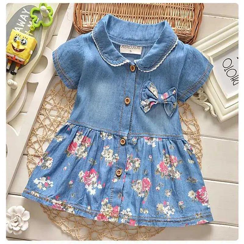 Girls Fashion Short Sleeve Tiny Flower Denim Dress - Venus Trendy Fashion Online