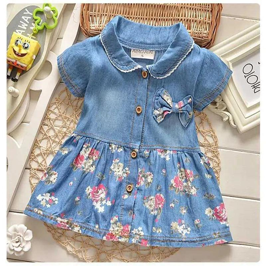 Girls Fashion Short Sleeve Tiny Flower Denim Dress - Venus Trendy Fashion Online