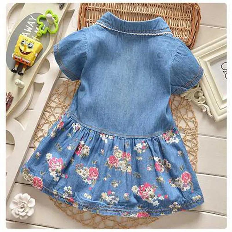 Girls Fashion Short Sleeve Tiny Flower Denim Dress - Venus Trendy Fashion Online