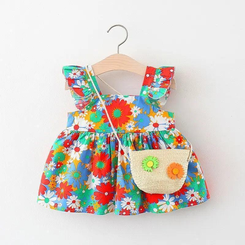 Girls Ruffle Sleeve Flower Print Dress And Bag 2pcs Set - Venus Trendy Fashion Online