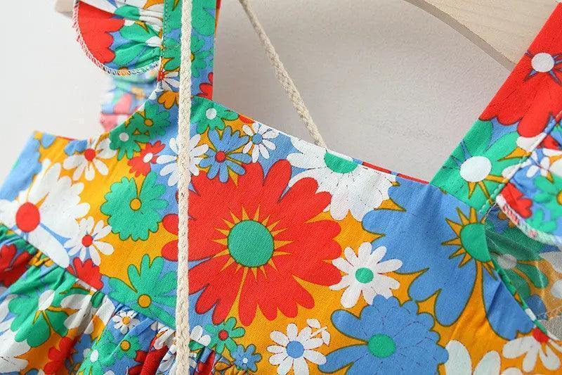 Girls Ruffle Sleeve Flower Print Dress And Bag 2pcs Set - Venus Trendy Fashion Online