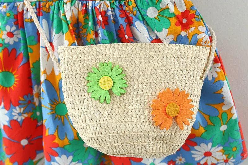 Girls Ruffle Sleeve Flower Print Dress And Bag 2pcs Set - Venus Trendy Fashion Online