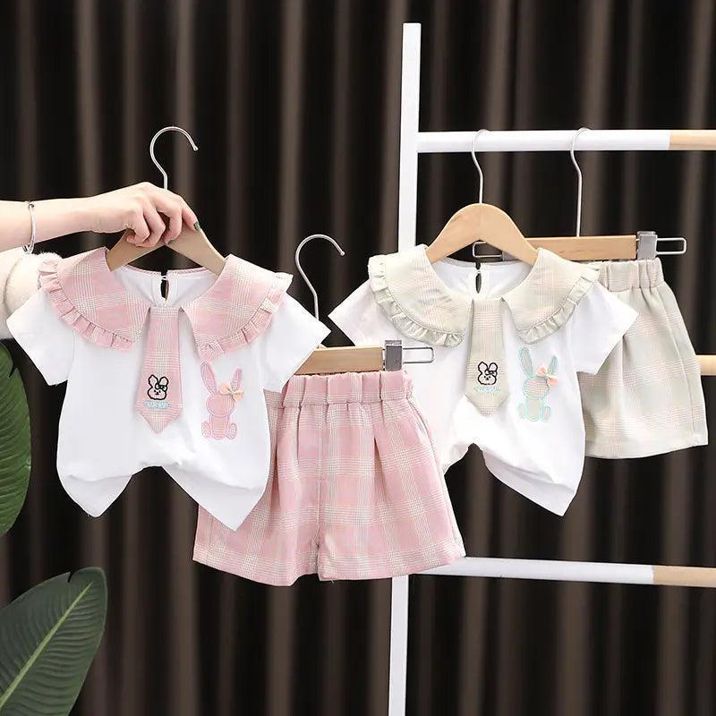 Girls Short Sleeve Rabbit Lapel Top And Shorts 2pcs Set - Venus Trendy Fashion Online
