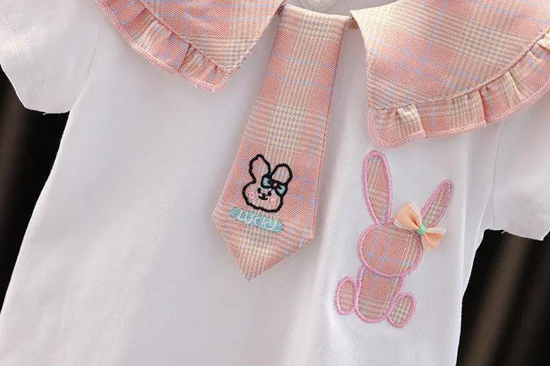 Girls Short Sleeve Rabbit Lapel Top And Shorts 2pcs Set - Venus Trendy Fashion Online