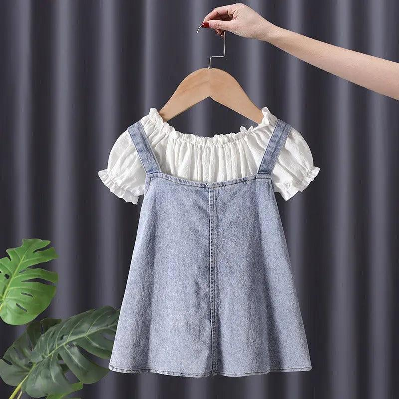 Girls Short Sleeve White Top And Denim Skirt 2pcs Set - Venus Trendy Fashion Online