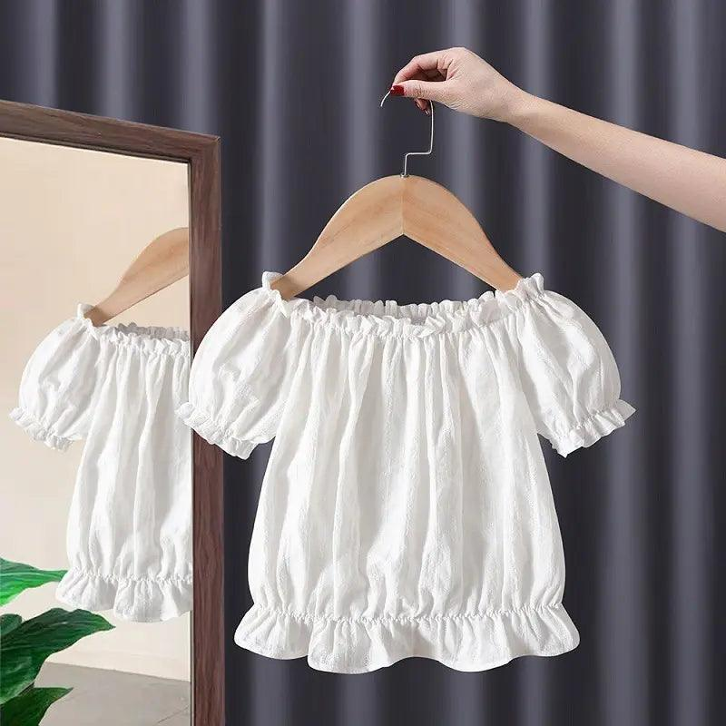 Girls Short Sleeve White Top And Denim Skirt 2pcs Set - Venus Trendy Fashion Online