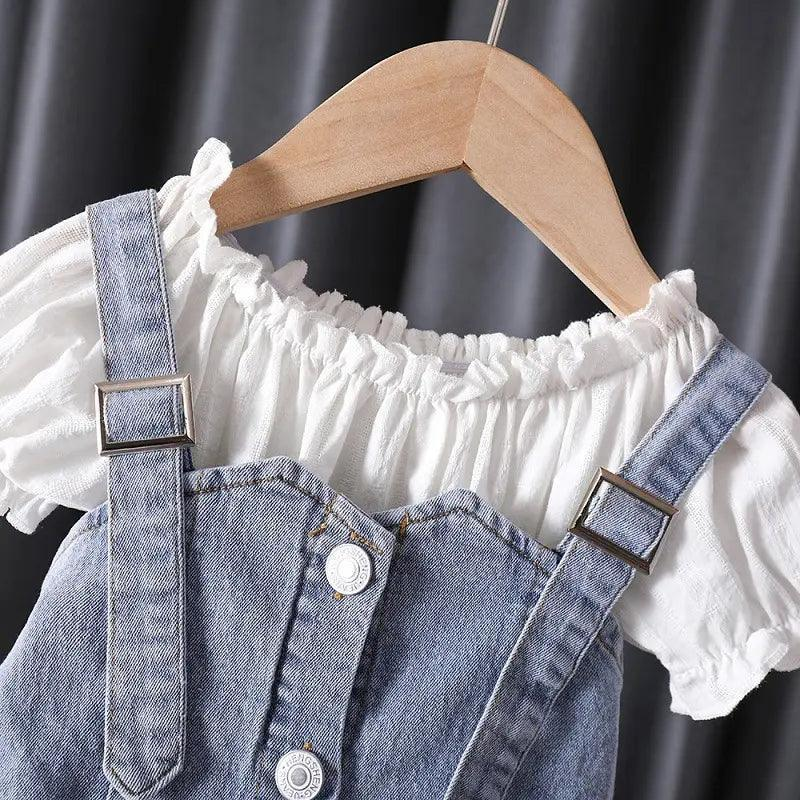 Girls Short Sleeve White Top And Denim Skirt 2pcs Set - Venus Trendy Fashion Online