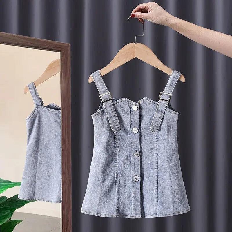 Girls Short Sleeve White Top And Denim Skirt 2pcs Set - Venus Trendy Fashion Online