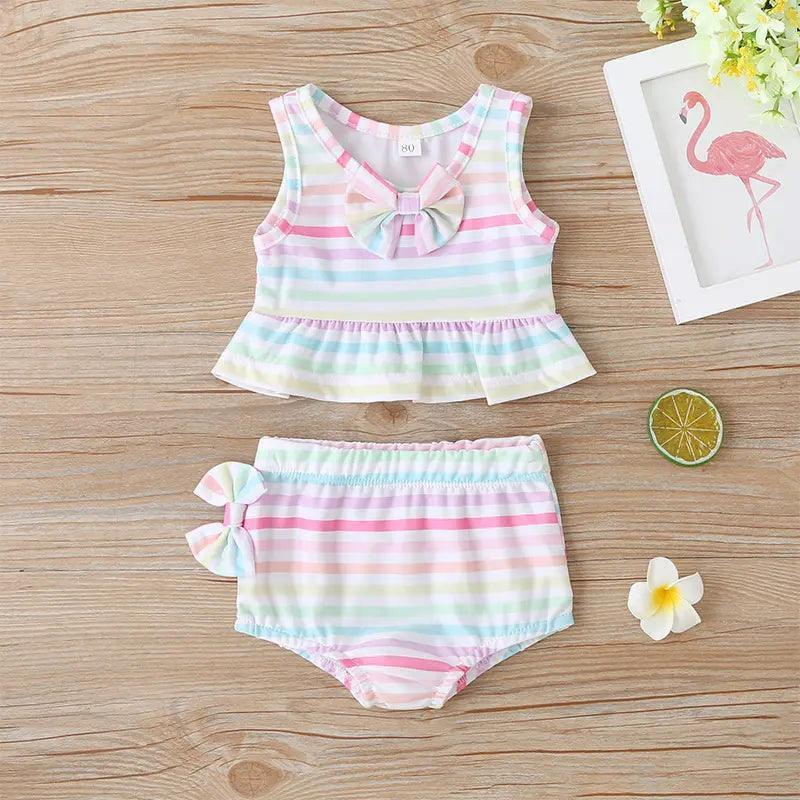 Girls Simple Bowknot Decor Striped Tops And Shorts Swimwear - Venus Trendy Fashion Online