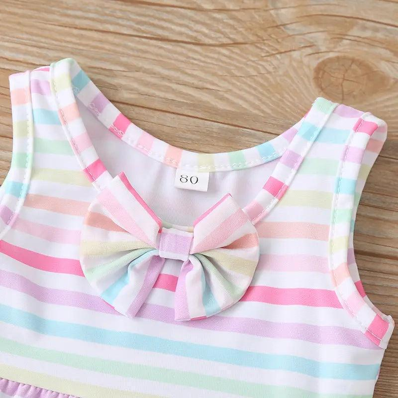 Girls Simple Bowknot Decor Striped Tops And Shorts Swimwear - Venus Trendy Fashion Online