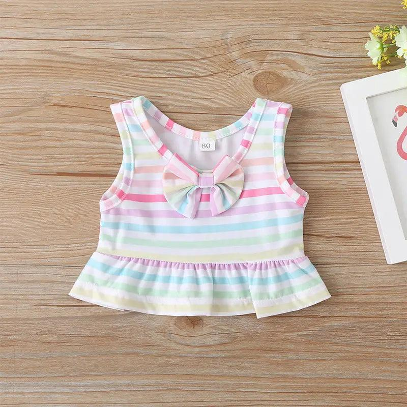Girls Simple Bowknot Decor Striped Tops And Shorts Swimwear - Venus Trendy Fashion Online