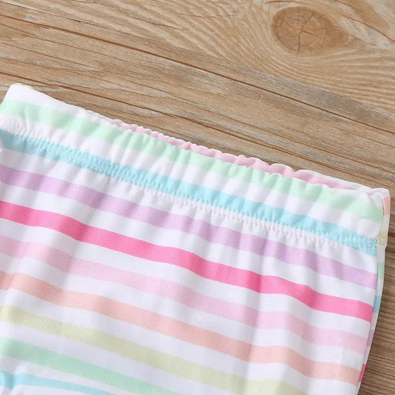 Girls Simple Bowknot Decor Striped Tops And Shorts Swimwear - Venus Trendy Fashion Online