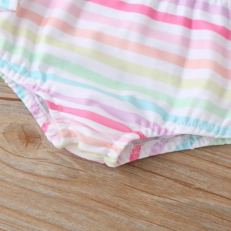 Girls Simple Bowknot Decor Striped Tops And Shorts Swimwear - Venus Trendy Fashion Online