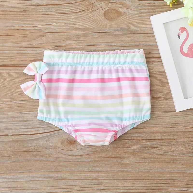 Girls Simple Bowknot Decor Striped Tops And Shorts Swimwear - Venus Trendy Fashion Online