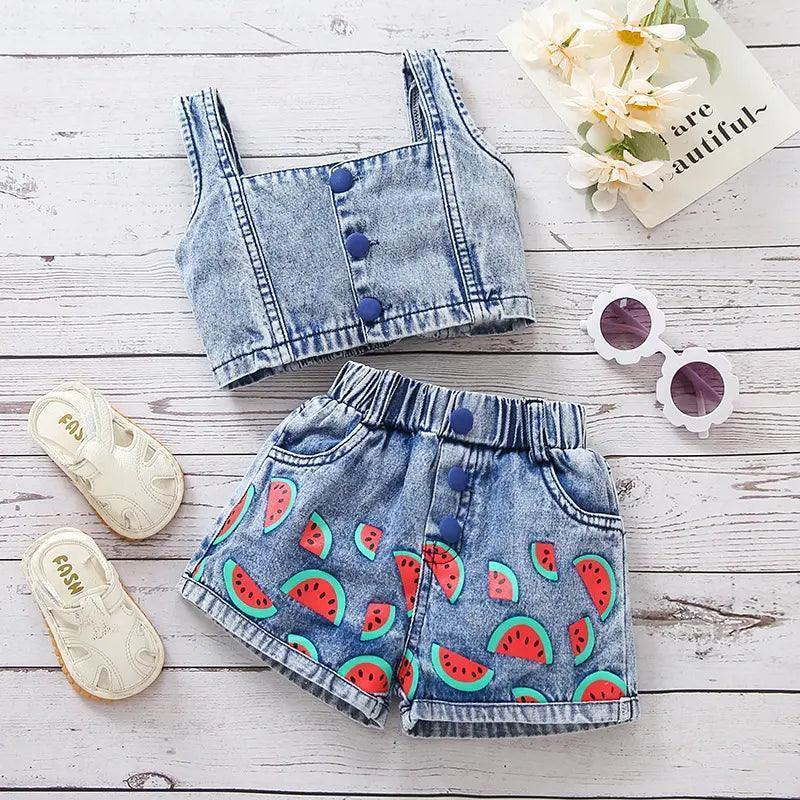 Girls Sleeveless Camisole Top And Watermelon Denim Shorts 2pcs Set - Venus Trendy Fashion Online
