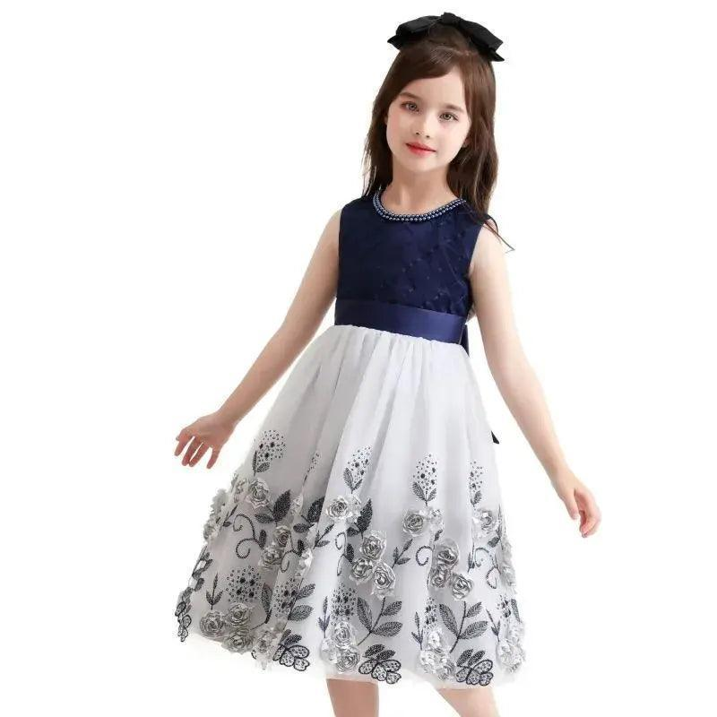 Girls Sleeveless Embroidered Flower Bow Mesh Princess Festival Party Dress - Venus Trendy Fashion Online