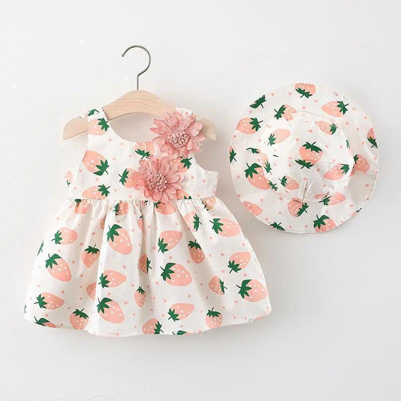 Girls Sleeveless Flower Heart Print Dress And Hat 2pcs Set - Venus Trendy Fashion Online