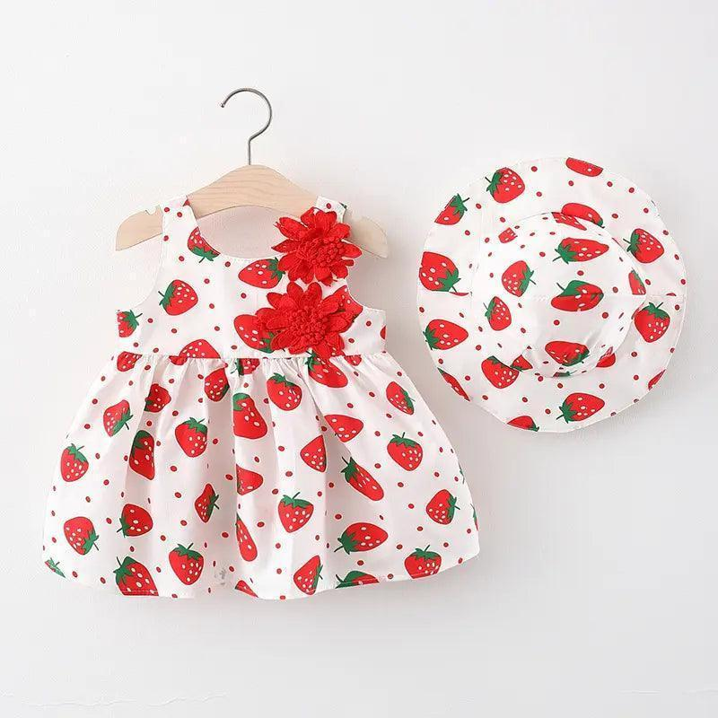 Girls Sleeveless Flower Heart Print Dress And Hat 2pcs Set - Venus Trendy Fashion Online