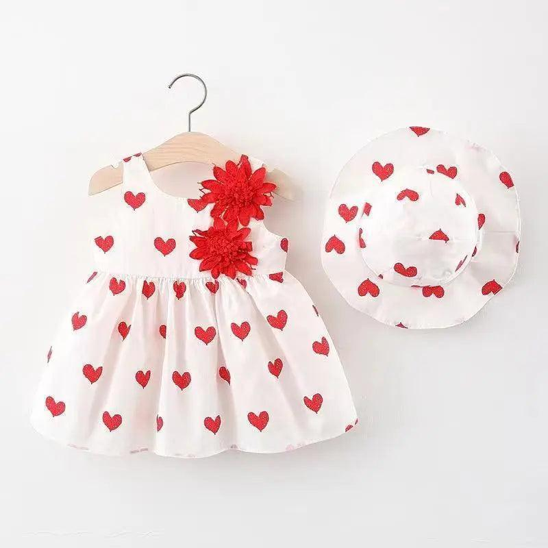 Girls Sleeveless Flower Heart Print Dress And Hat 2pcs Set - Venus Trendy Fashion Online