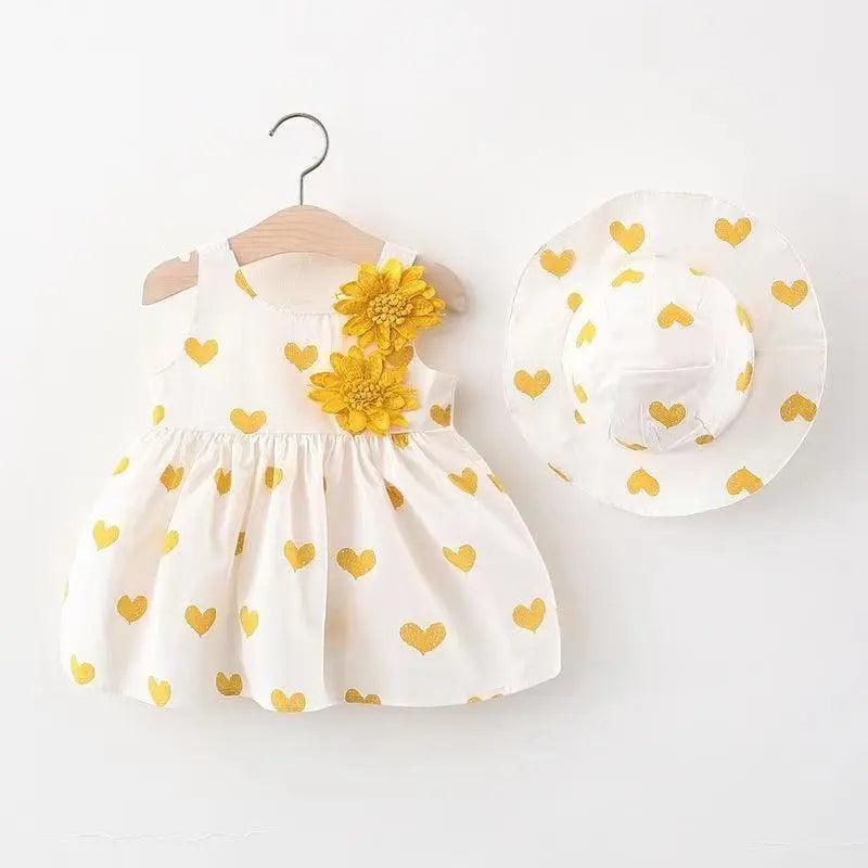 Girls Sleeveless Flower Heart Print Dress And Hat 2pcs Set - Venus Trendy Fashion Online