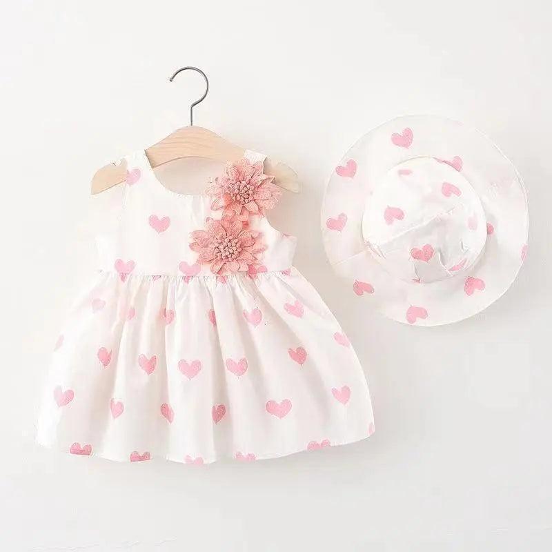 Girls Sleeveless Flower Heart Print Dress And Hat 2pcs Set - Venus Trendy Fashion Online