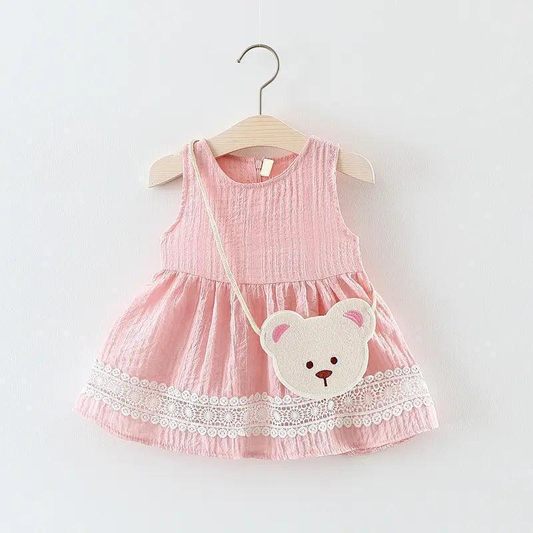 Girls Sleeveless Lace Dress And Bear Bag 2pcs Set - Venus Trendy Fashion Online