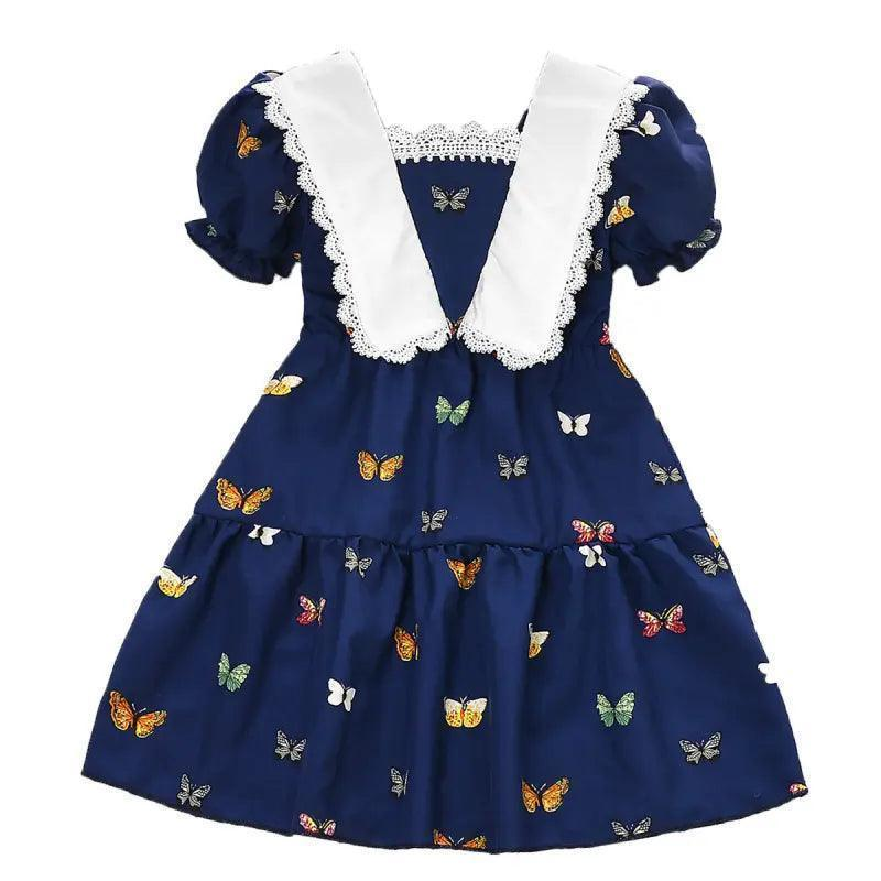 Girls Sweet Lace Lapel Butterfly Short Sleeve Princess Dress - Venus Trendy Fashion Online