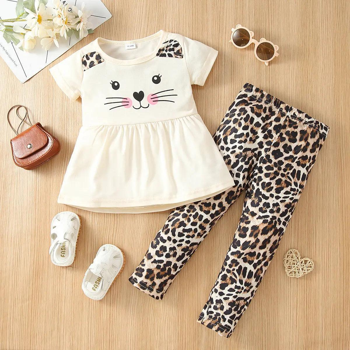 Kids Baby Fashion Girls Short Sleeve Cat Leopard Print T-Shirt And Pants 2pcs Set - Venus Trendy Fashion Online