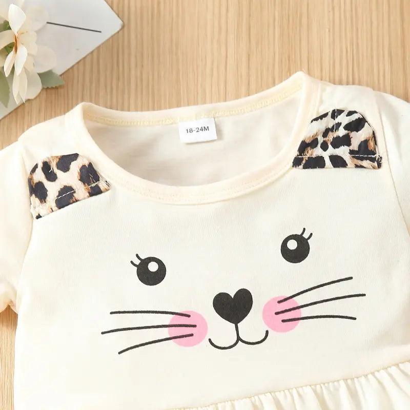 Kids Baby Fashion Girls Short Sleeve Cat Leopard Print T-Shirt And Pants 2pcs Set - Venus Trendy Fashion Online