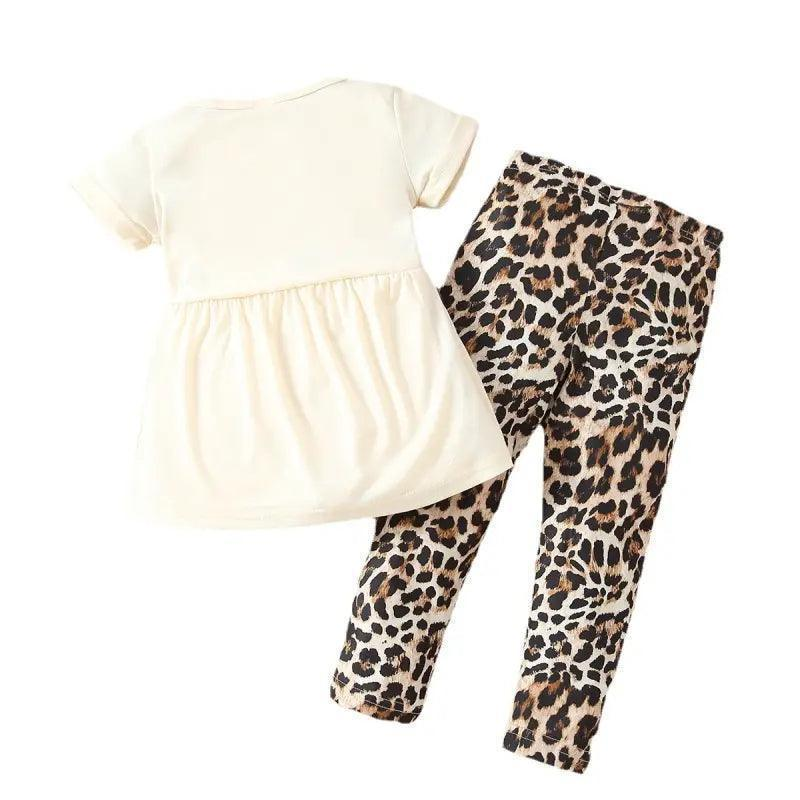 Kids Baby Fashion Girls Short Sleeve Cat Leopard Print T-Shirt And Pants 2pcs Set - Venus Trendy Fashion Online