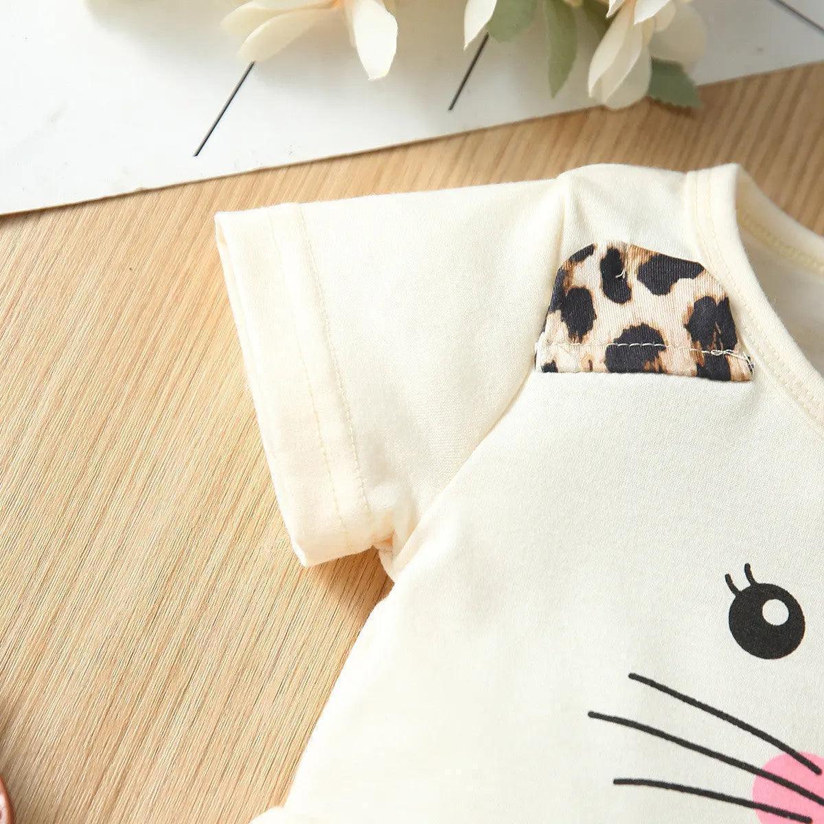 Kids Baby Fashion Girls Short Sleeve Cat Leopard Print T-Shirt And Pants 2pcs Set - Venus Trendy Fashion Online